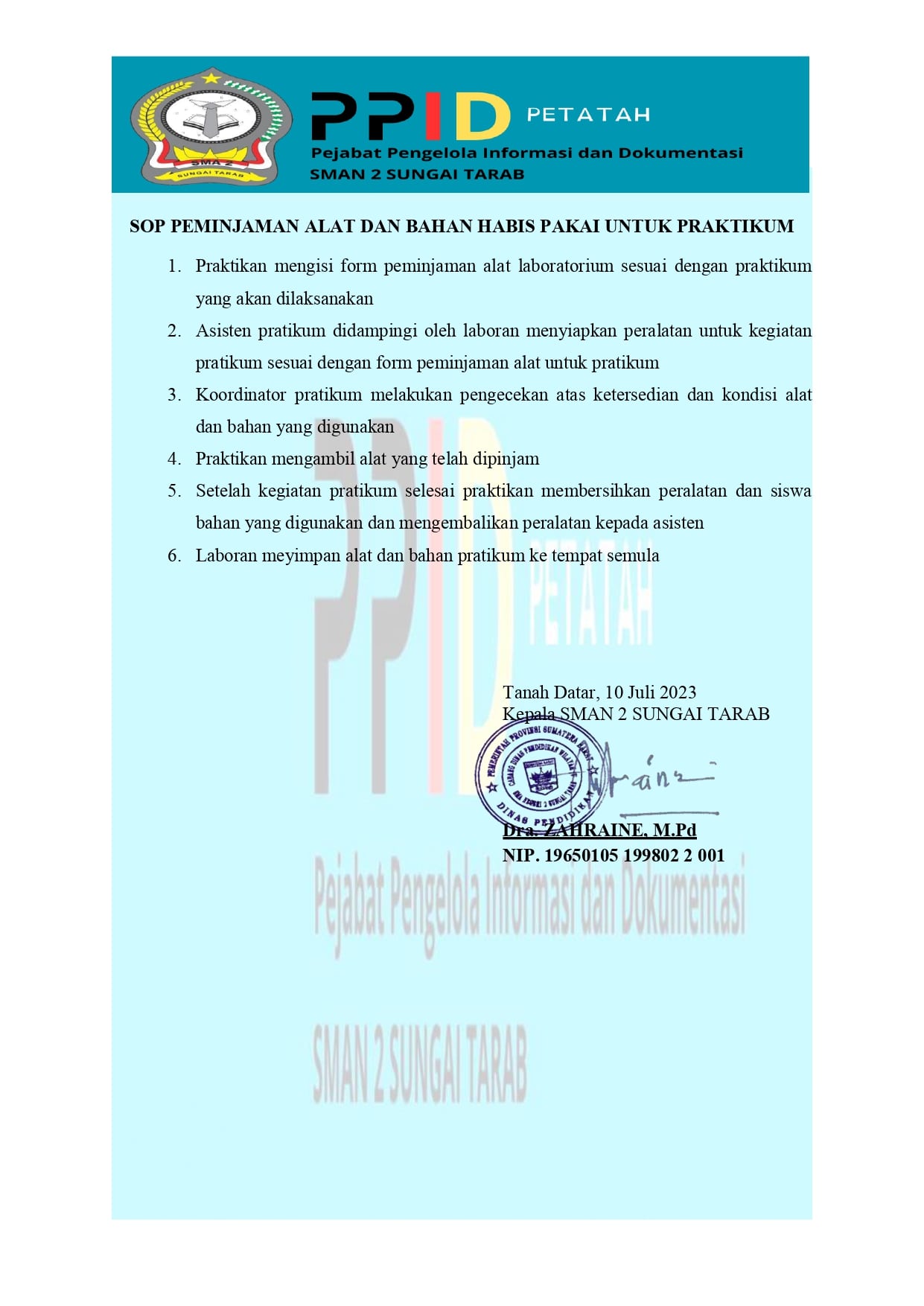 Sopon Labr SOP Labor – PPID SMA N 2 SUNGAI TARAB